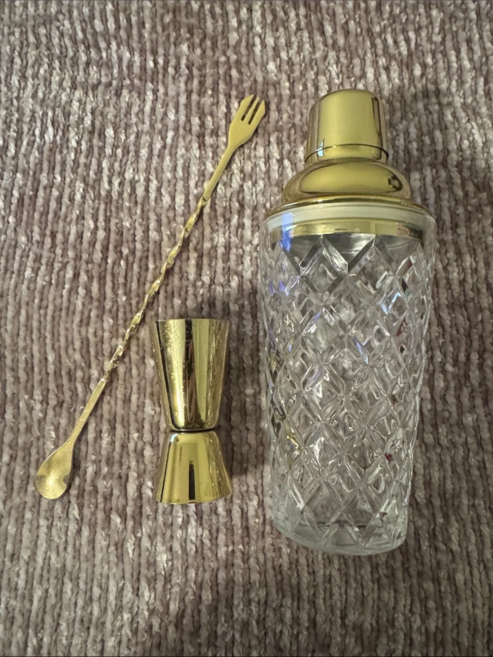 Gold Glass Cocktail Shaker Set with Bar Spoon and Jigger